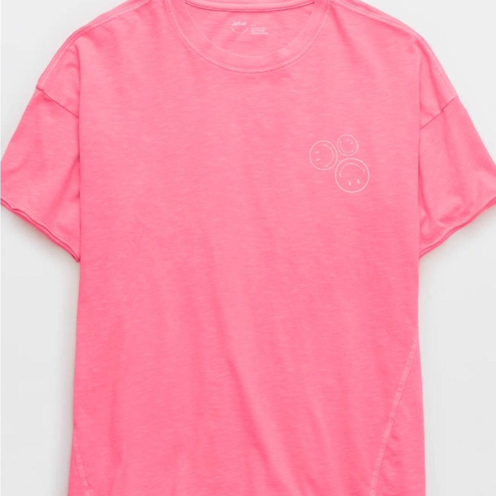 Aerie Bright Neon Pink Smiley Face Graphic Short Sleeve Oversized Tee - Picture 9 of 10